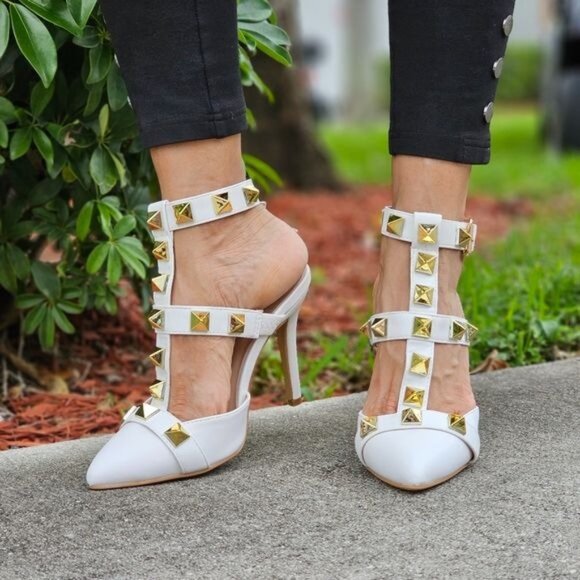 Shoes - Women's White Rockstud Ankle Strap Pump